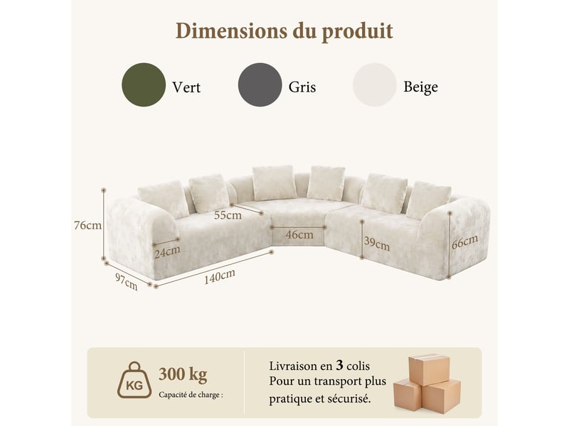 Canapé d'angle incurvé 3 places en tissu chenille premium,canapé compressé sans montage,mousse haute résilience,beige 326x97x66CM - Conforama E