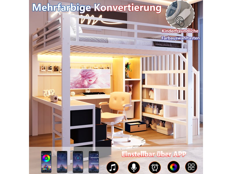  Lit mezzanine 140x200 cm avec étagère et 4 tiroirs, lit enfant avec bande lumineuse led et bureau, structure en fer, blanc  - Conforama D