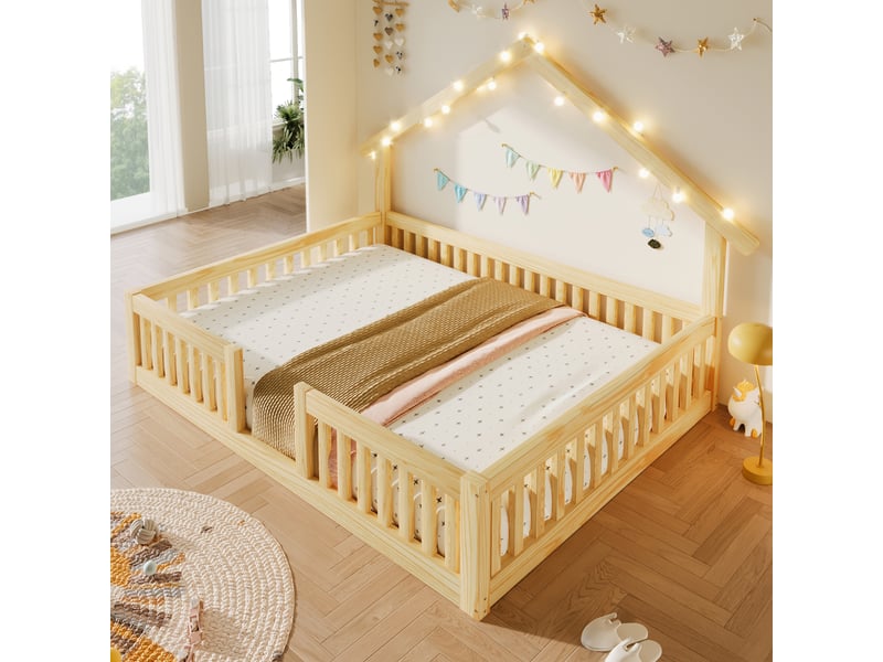 Lit cabane 140x200 cm, structure en bois, coloris naturel, éclairage led, ports usb et usb-c, garde-corps, design cabane, design contemporain - Conforama D