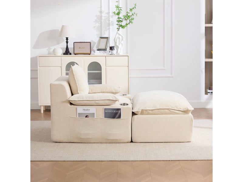  Fauteuil de relaxation convertible avec pouf ottoman 113x93x81cm -  avec 4 coussins, porte-gobelets et poches de rangement - chenille -beige  - Conforama E