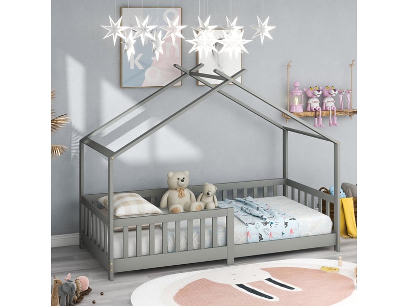  Lit cabane enfant 200x90 cm en bois massif avec barrières et rangement sous le lit, matelas non précisé  - Conforama C