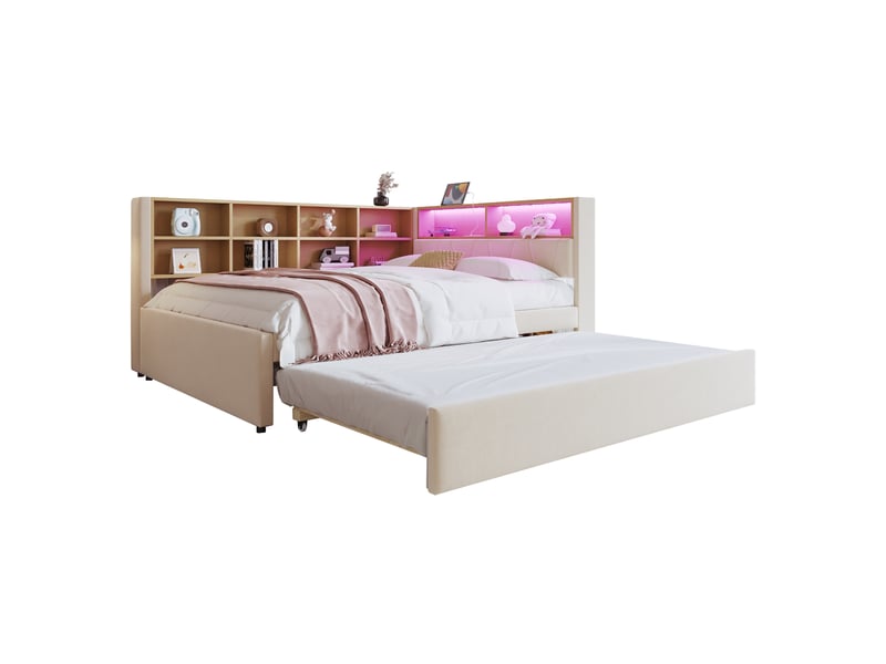  Canapé-lit simple 140x200 cm, lit gigogne 90x190, beige, équipé de lampes led et prises électriques et compartiments de rangement  - Conforama R