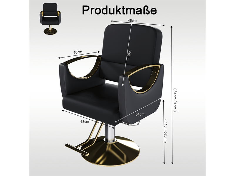  Fauteuil de coiffure hydraulique 54 x 50 x 84-94 cm – réglable à 360° avec base dorée et gummiring – cuir - noir et or  - Conforama C