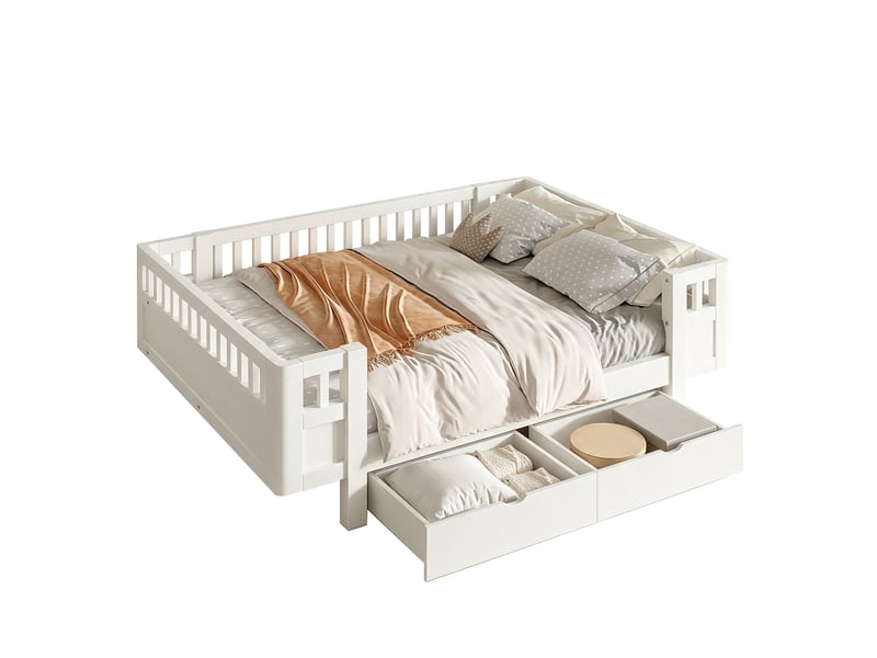 Lit enfant 140 x 200 cm, cadre de lit avec rangement, 2 tiroirs, barrières de sécurité, 2 places, structure multifonction, bois massif, blanc Morn Vibe - Conforama A