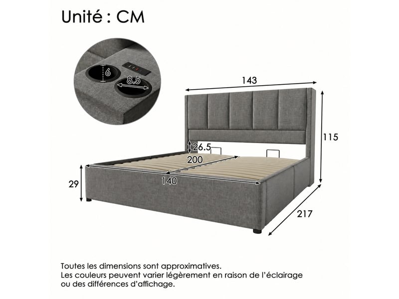  Lit coffre 140x200 avec sommier à lattes, gris en lin, usb et rangement  - Conforama C