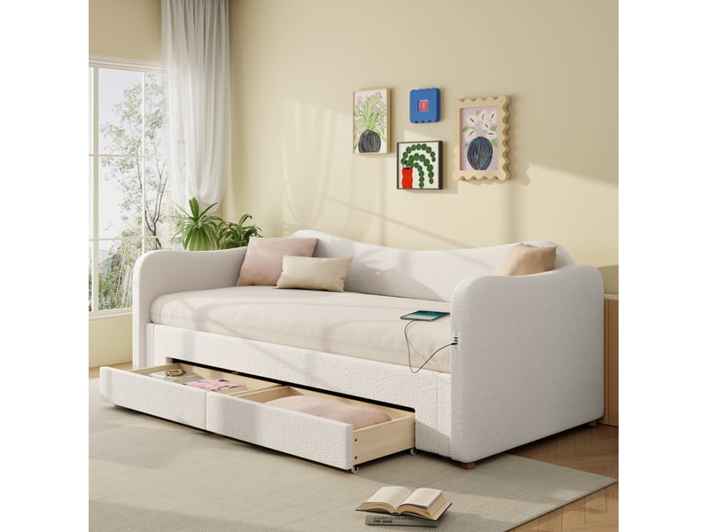  Couchage gigogne, 90x200 cm, lit banquette, tête de lit, recharge, bouclé, matelas non inclus, tissu, coloris beige  - Conforama B