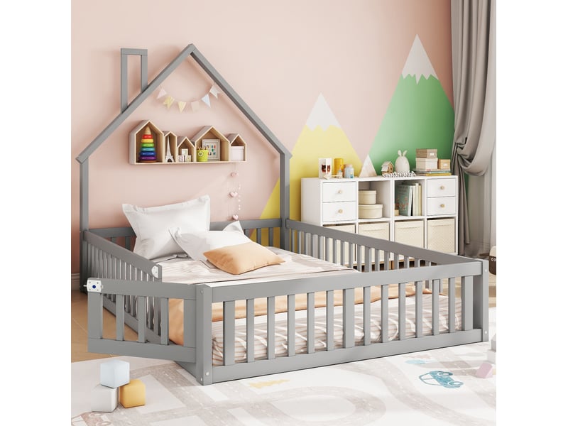  Lit enfant cabane 140 x 190 cm avec sommier à lattes et barrières, gris en pin et mdf  - Conforama E