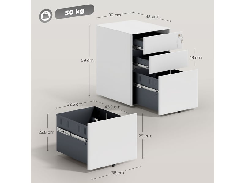  Commode de bureau en acier à 3 tiroirs avec serrure et roulettes, 39 x 48 x 59 cm, blanche  - Conforama E