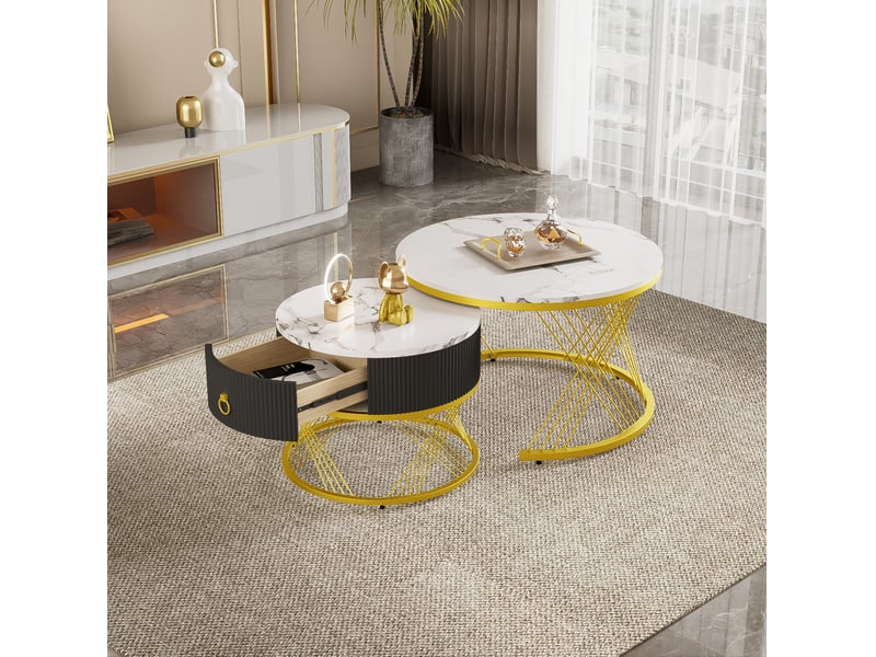  Lot de 2 tables basses gigognes blanches et dorées effet marbre avec tiroir – 70 et 50 cm  - Conforama B