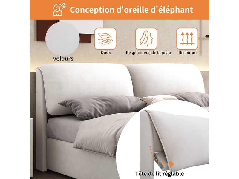  Lit coffre 140x190 cm, lit rembourré en velours beige, avec 3 tiroirs,  rangement hydraulique et tête de lit  - Conforama E