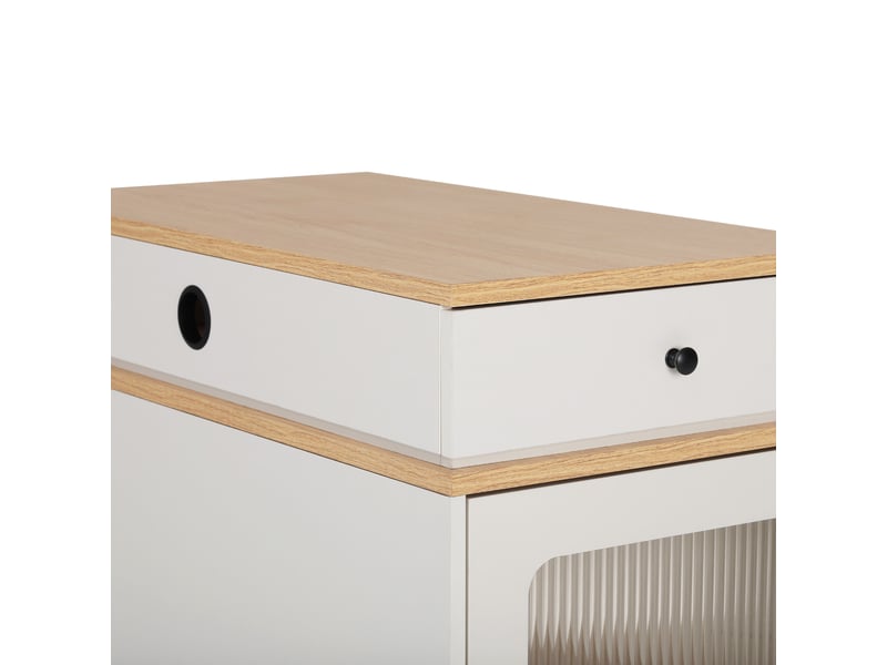 Table à manger extensible avec rangements et prises intégrées, blanche et effet bois naturel, 80 × 71111151 × 92 cm - Conforama E