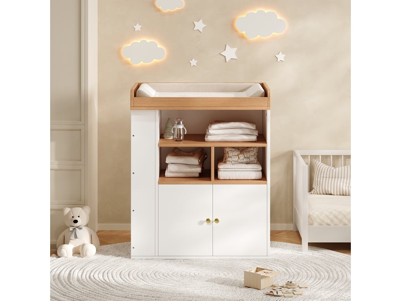 Commode à langer - 82 x 50 x 100 cm - commode à langer avec plan à langer, placard et étagères latérales - blanc et effet bois  - Conforama D
