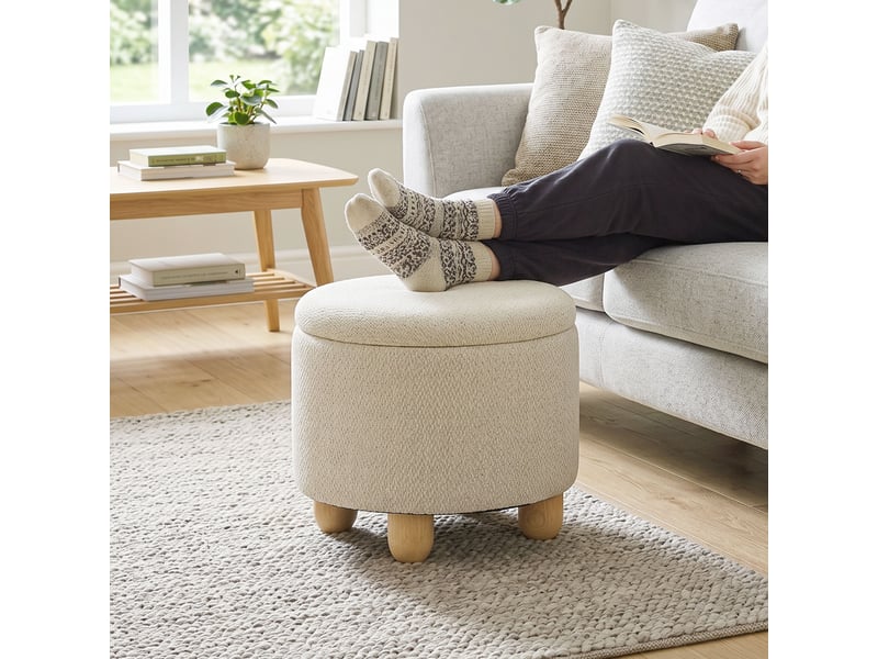  Pouf coffre de rangement rond en toile de jute, repose-pieds avec couvercle, beige, pieds bois hévéa  - Conforama D