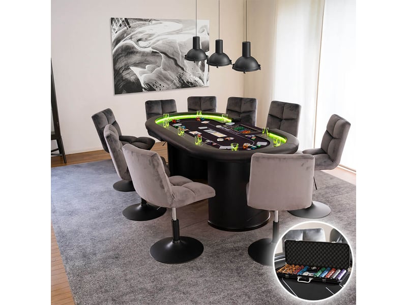 Home Deluxe Table De Poker LED Straight Flush – 213 X 106 X 78 Cm – 8 Chaises Incluses – Éclairage LED – 500 Jetons – Mallette