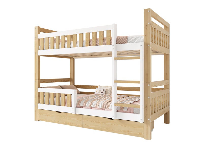  Lit superposé enfant en bois 90 x 200 cm séparable, 2 tiroirs, blanc et naturel  - Conforama A
