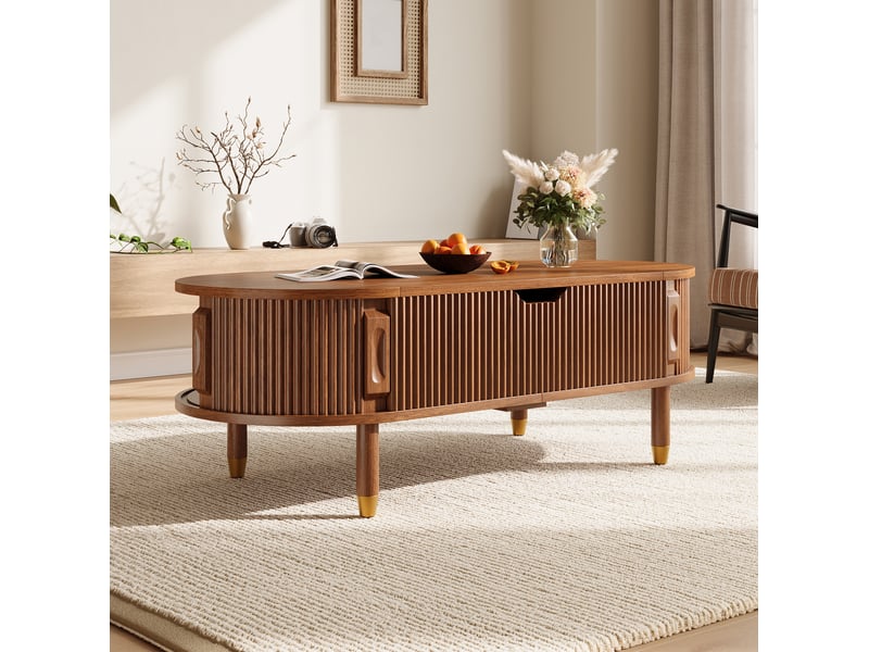  Table basse relevable ovale avec 2 portes coulissantes et rangement, finition noyer, pour salon, 110 × 48 × 57 cm  - Conforama C