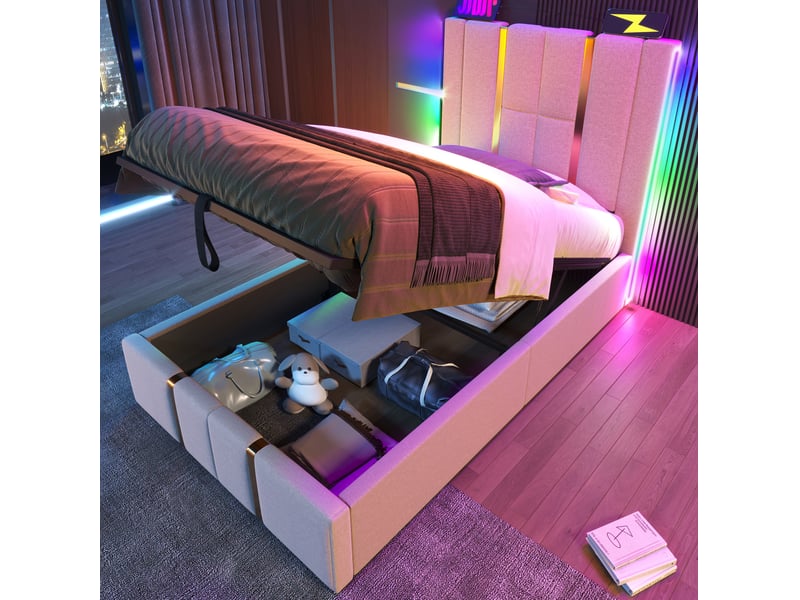  Lit coffre 1 place 90x200 cm led rgb usb et type-c en lin beige  - Conforama B