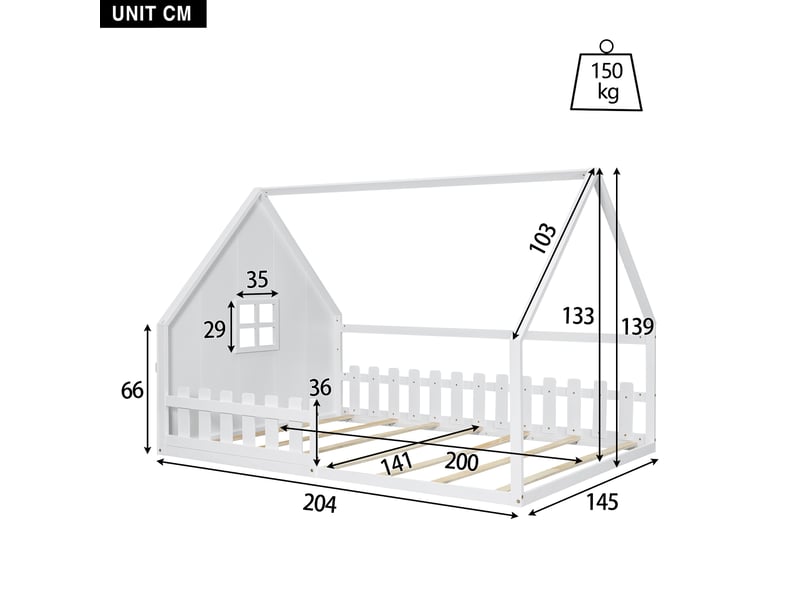  Lit cabane enfant 140 × 200 cm 2 places avec barrières de sécurité, sans matelas, en pin et mdf, blanc  - Conforama D