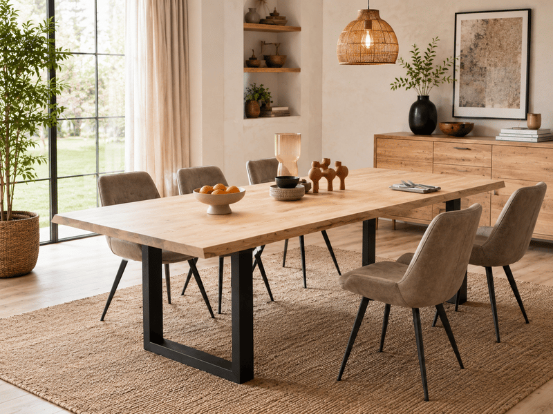  Table à manger avec bord irrégulier coloris chêne massif naturel et pieds en métal noir   - longueur 160 x profondeur 90 x hauteur 76 cm  - Conforama B