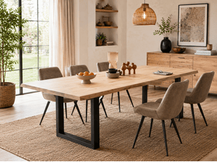Table à manger avec bord irrégulier coloris chêne massif naturel et pieds en métal noir - longueur 160 x profondeur 90 x hauteur 76 cm