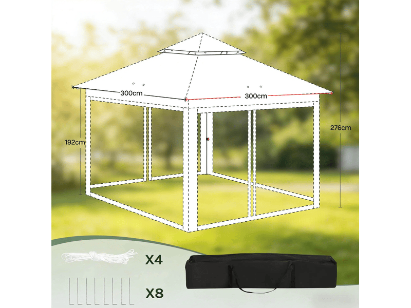 Tonnelle pliante 300 x 300 x 276 cm beige en tissu oxford et acier, double toit ventilé, moustiquaires amovibles - Conforama C