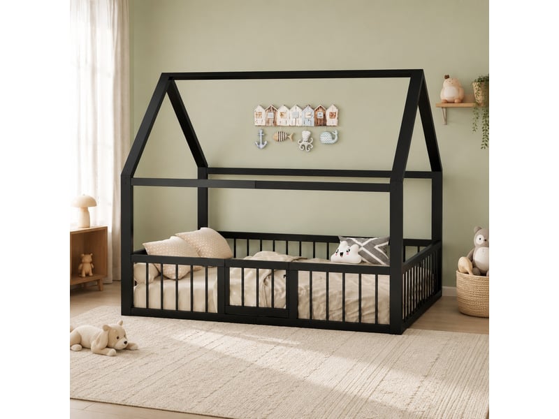 Lit enfant 140x200 cm en métal noir avec toit cabane, barrières et portillon  - Conforama B