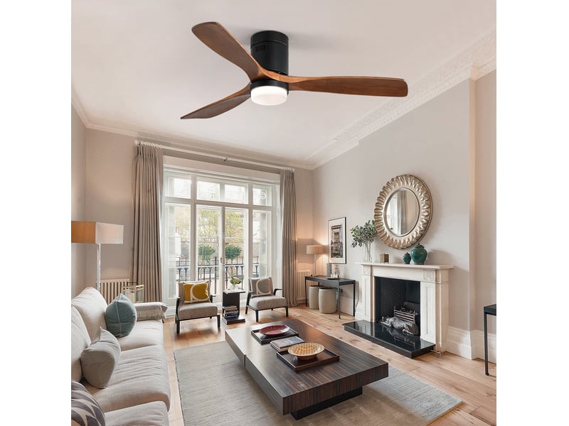  Ventilateur de plafond 132 cm noir avec éclairage led, télécommande et 3 pales en bois  - Conforama E
