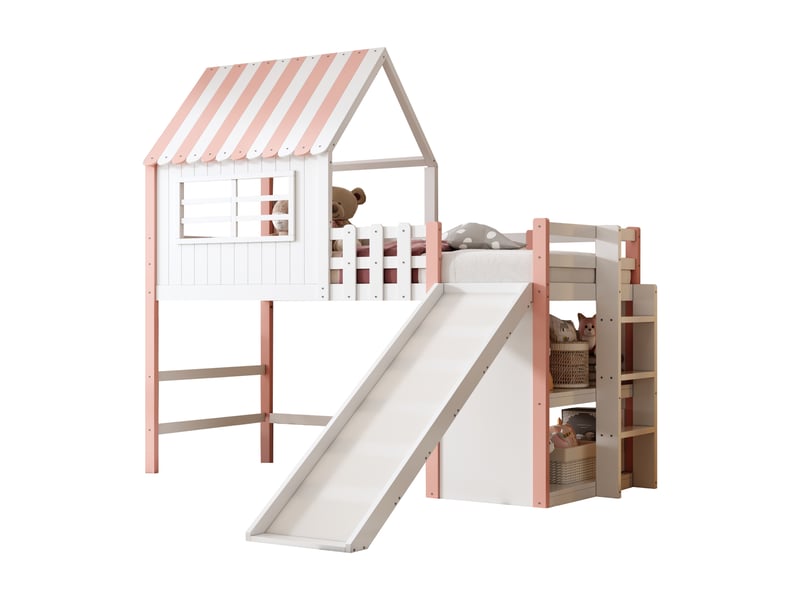  Lit mezzanine enfant rose avec toboggan 90x200 cm - bois massif et rangements intégrés  - Conforama A