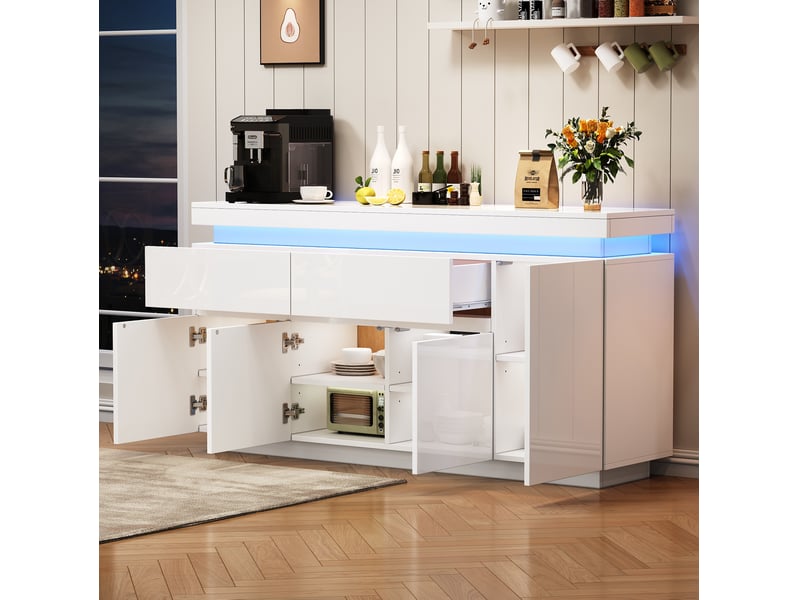Buffet de rangement 140x35x72.5 cm à led, 2 tiroirs, 4 portes en panneaux de particules blanc - Conforama D