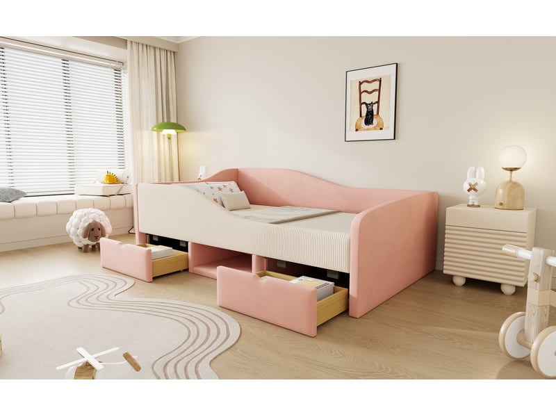  Canapé-lit rembourré 90x190 cm avec deux tiroirs et barrière de sécurité, cadre de lit adulte, rose + crème, lit simple en velours  - Conforama R