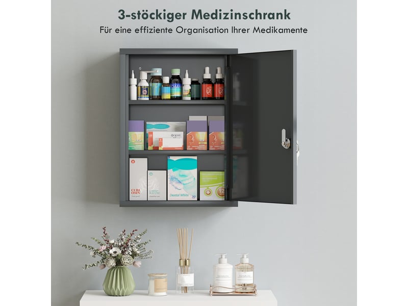 Armoire à pharmacie murale avec serrure, armoire murale en acier à 3 niveaux, 40 x 15 x 53,5 cm, gris anthracite - Conforama E