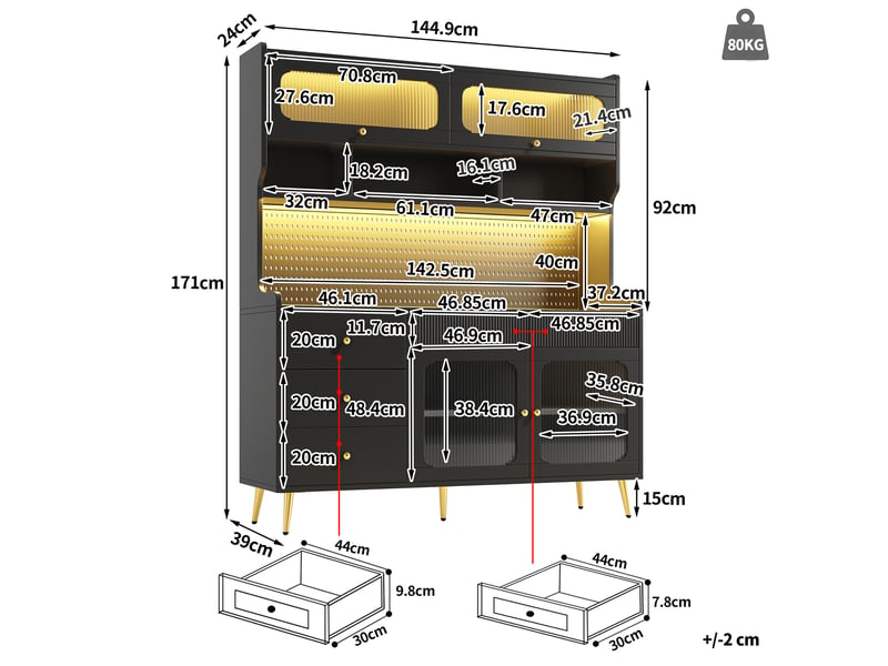  Buffet haut noir  145 x 39 x 171 cm avec éclairage led et commande par application, verre strié  - Conforama C