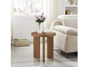 Table basse ronde avec piètement à 3 pieds, effet bois marron noyer, pour salon, chambre ou balcon en mdf 44,5 × 45 cm