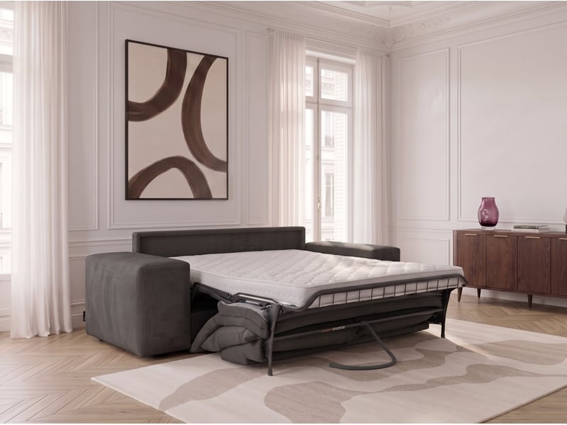  Bobochic canapé droit convertible ouverture express voltaire tissu velours côtelé gris foncé 140x200 VOLTAIRE - Conforama C