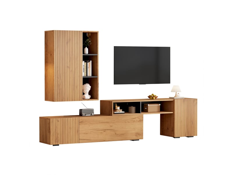 Ensemble meuble tv mural 2 pièces bois naturel et noir avec vitrine, tv-board et étagère pour tv jusqu'à 120 pouces, longueur ajustable 265 cm - Conforama A