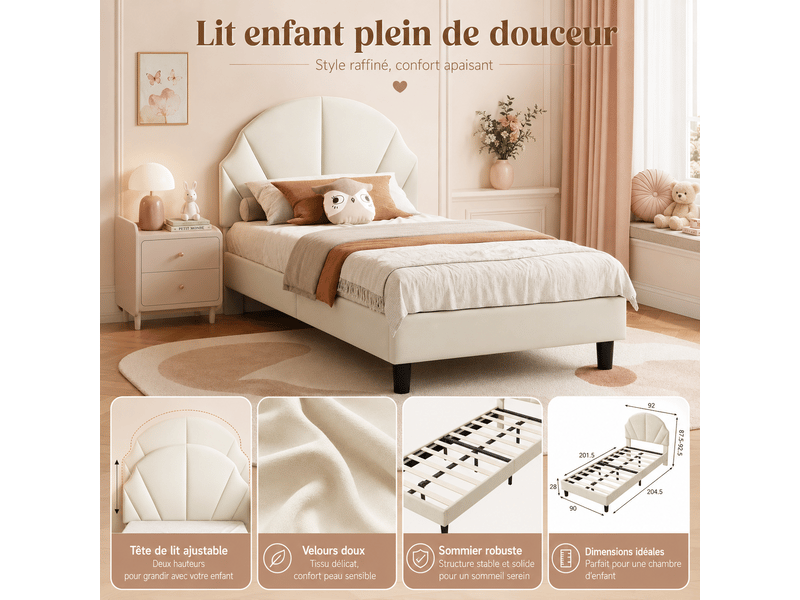  Lit rembourré 90x190 cm avec sommier à lattes, lit simple enfant 90x190 cm - tête de lit réglable en hauteur - 1 personne - lit fille 90x190 - lit rembourre avec sommier à lattes en bois - tête de lit réglable en hauteur - cadre…  - Conforama D