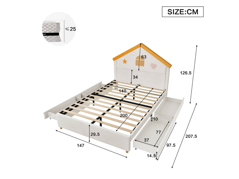 Lit enfant 140 × 200 cm 1 place avec 4 tiroirs, sans matelas, en velours beige, pour chambre d’enfant  - Conforama D