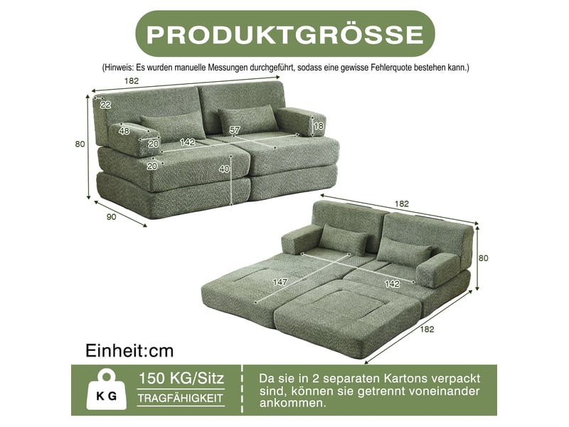  Canapé modulaire convertible 4 places – vert – assise 2-en-1 pliable, tissu chenille, gain de place pratique  - Conforama C