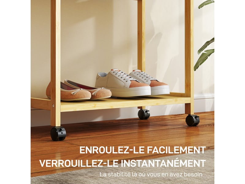  Portant à vêtements sur roulettes 70 x 35 x 175 cm avec tringle et 2 étagères avec freins scandinave en bambou naturel 21_0005896  - Conforama E