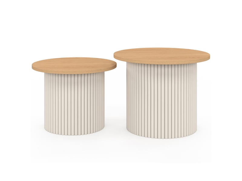 Lot de 2 tables basses gigognes kanel rondes 40-45 effet cannelé beige et plateau bois  - Conforama C