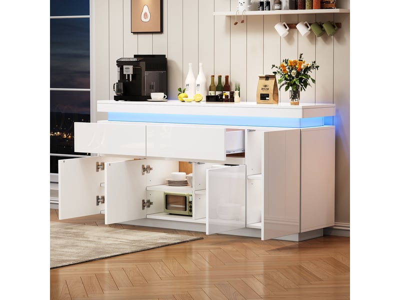  Buffet et enfilade avec 4 portes, 2 tiroirs et led pour salon, finition brillante, 140×35×72,5 cm, blanche  - Conforama B