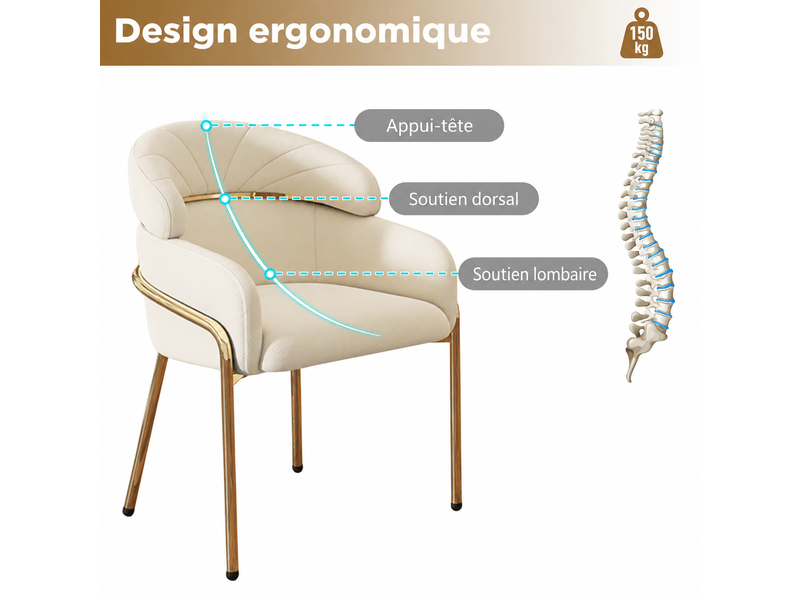  Chaise avec accoudoirs en velours beige, pieds métal doré, 54 x 57 x 79 cm, style chic pour salle à manger ou salon  - Conforama D