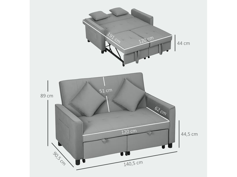  Canapé convertible 2 places en tissu gris à l'aspect velours, dossier 3 positions, coffre et roulettes  - Conforama C