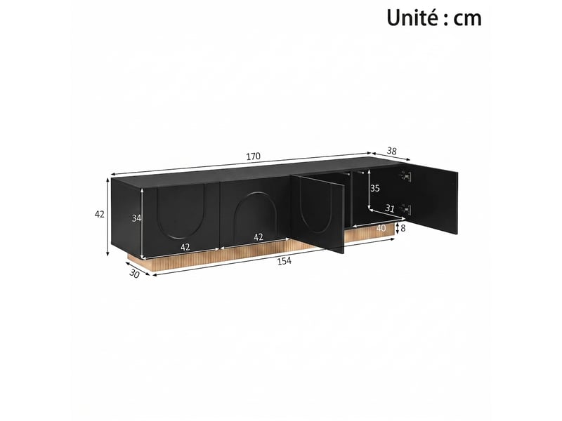  Meuble tv noir 170 cm design moderne 4 portes avec structure en arc  - Conforama C