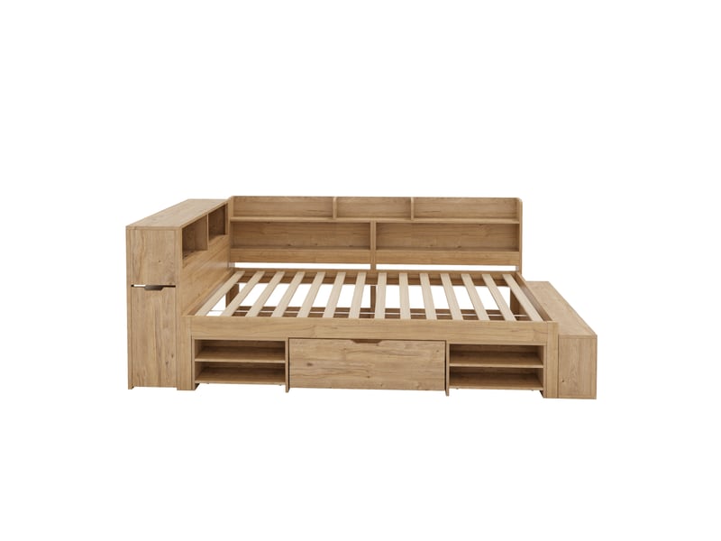  Lit simple 90x200 cm en bois naturel avec rangements, étagères, tables de chevet et charge sans fil  - Conforama D