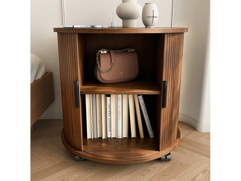 Table de chevet ronde avec porte coulissante, prise et 2 ports usb, roulettes, pour chambre, mdf noyer, 60 × 60 × 60 cm - Conforama B