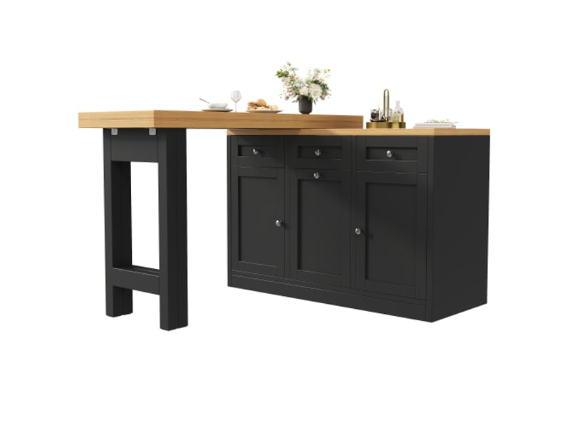  Bahut de cuisine multifonction, table à manger pliable avec tiroir et bac à snacks, support poubelle intégré extractible  - Conforama A