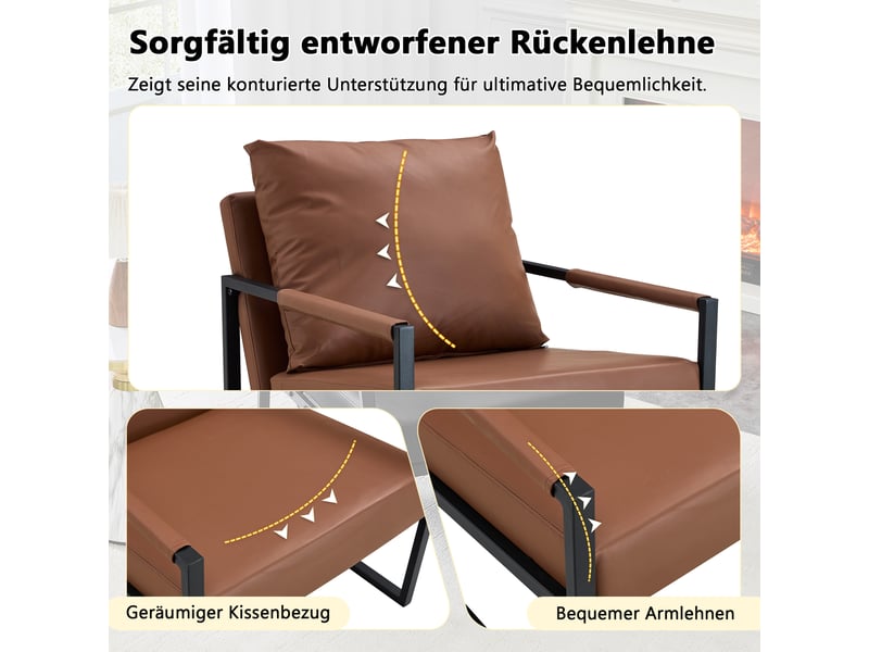  Fauteuil de lecture avec accoudoirs, coussins rembourrés et structure métallique, en pu marron, 79×65×28 cm  - Conforama E