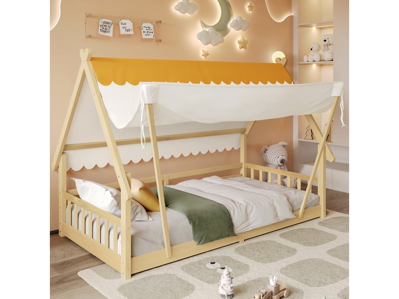 Lit cabane 90x200 cm, lit enfant avec tente amovible, barrière de sécurité, en bois, naturel, sans matelas - Conforama B