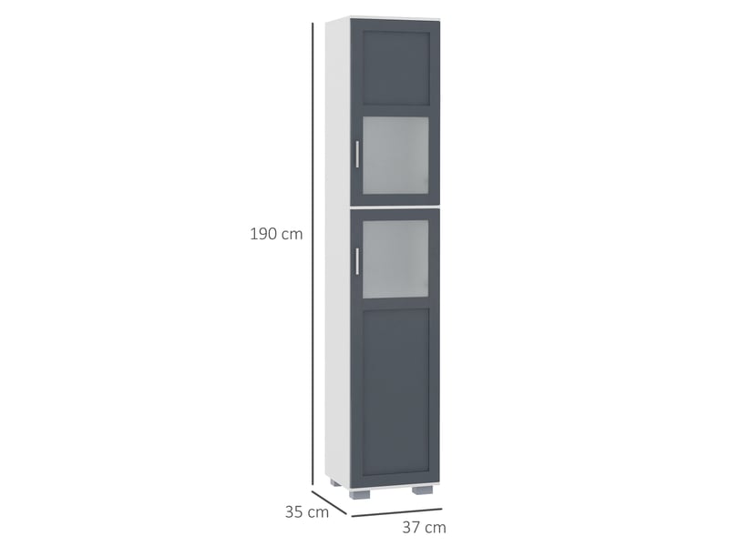 Armoire de salle de bain haute, colonne de salle de bain avec 2 portes en verre trempé et étagères réglables, 37 x 35 x 190 cm, blanc et gris - Conforama E